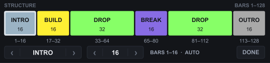 A tira STRUCTURE com o bloco INTRO selecionado, 16 compassos, e o botão DONE