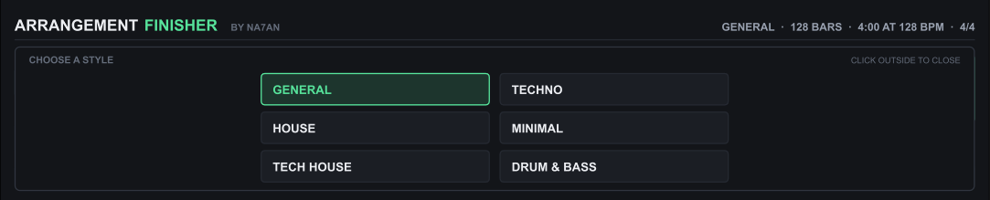O menu CHOOSE A STYLE do device: GENERAL, TECHNO, HOUSE, MINIMAL, TECH HOUSE e DRUM & BASS