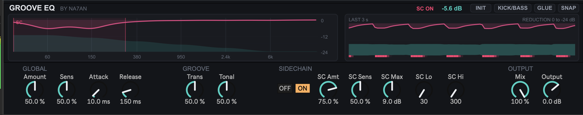 O painel inteiro do GrooveEQ com a curva das seis bandas, o histórico e a fileira de knobs