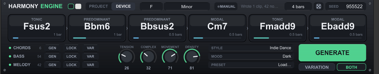 The full Harmony Engine panel: PROJECT or DEVICE, key and scale, seed, the progression, the three layers, the four macros and GENERATE