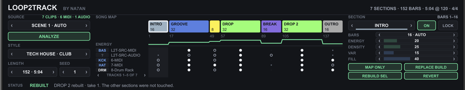 O painel do LOOP2TRACK: SOURCE e ANALYZE, LENGTH e SEED, o SONG MAP com as seções, a matriz de faixas, e o painel SECTION
