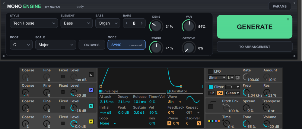 O painel do MONO ENGINE em cima e, embaixo, o Operator com o patch de baixo que o device acabou de escrever