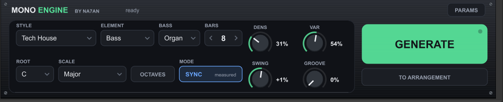 O painel do MONO ENGINE: STYLE, ELEMENT, BASS, BARS, ROOT, SCALE, OCTAVES, MODE em SYNC, DENS, VAR, SWING, GROOVE, GENERATE e TO ARRANGEMENT
