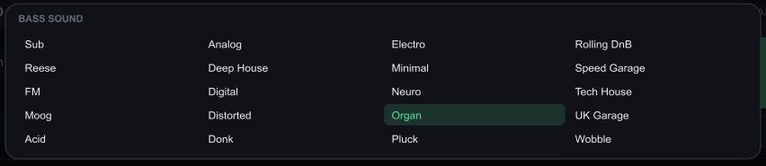 O menu BASS SOUND do device com os vinte sons, Organ selecionado